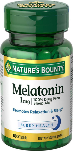 Nature's Bounty Melatonin 100% Drug Free Sleep Aid Promotes Relaxation and Sleep Health 1mg 180 Tablets