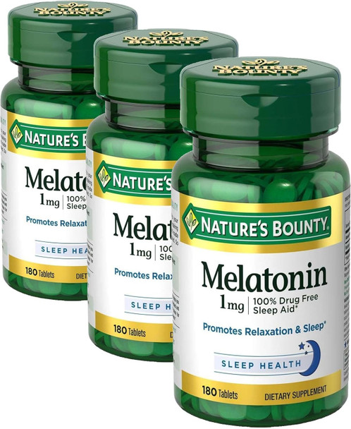 Nature's Bounty Melatonin,100% Drug Free Sleep Aid,Promotes Relaxation and Sleep Health,1mg,180 Tablets,(Pack of 3)