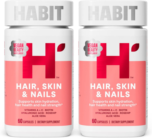 Health By Habit  Hair Skin and Nails Supplement  New Look Supports Skin Hydration  Hair and Nail Strength Biotin 2000mcg Vitamin A and C Hyaluronic Acid Rosehip Vegan Non-GMO