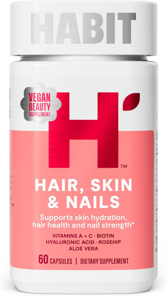 Health By Habit  Hair Skin and Nails Supplement  New Look Supports Skin Hydration  Hair and Nail Strength Biotin 2000mcg Vitamin A and C Hyaluronic Acid Rosehip Vegan Non-GMO
