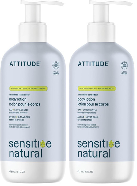 ATTITUDE Body Lotion for Sensitive Skin with Oat EWG Verified Dermatologically Tested,Vegan Extra Gentle Unscented 16 Fl Oz (Pack of 2)
