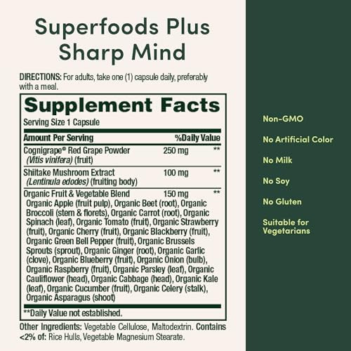 Nature’s Bounty Superfoods Plus Sharp Mind for Brain Health  Memory  Focus, Superfoods With 23 Fruits and Veggies plus Red Grapes - Cognitive Supplement  30 Capsules