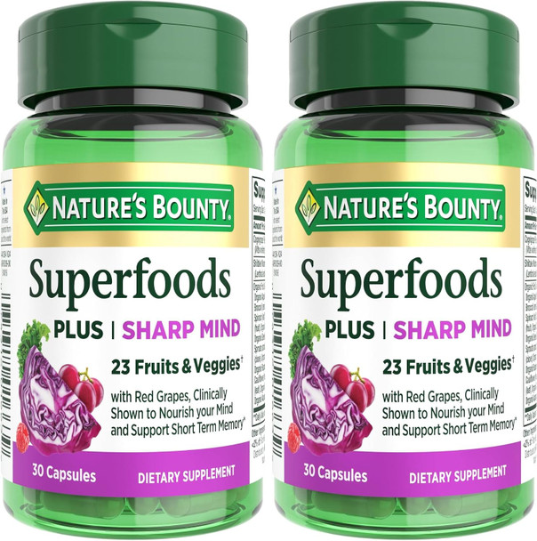Nature's Bounty Superfoods Plus Sharp Mind for Brain Health, Memory; Focus, Superfoods with 23 Fruits  and Veggies Plus Red Grapes - Cognitive Supplement 30 Capsules (Pack of 2)
