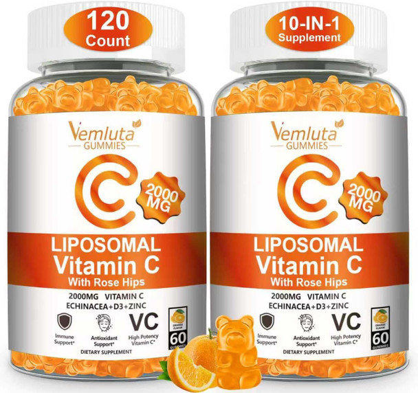 Vemluta Liposomal  2000mg Gummies Complex Rose Hips with D3 5000IU Elderberry Echinacea Iron and  Zinc for Adults Kids Immune Antioxidant and Collagen Support,Orange Flavor