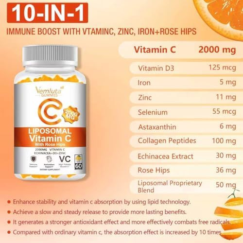 Vemluta Liposomal  2000mg Gummies Complex Rose Hips with D3 5000IU Elderberry Echinacea Iron and  Zinc for Adults Kids Immune Antioxidant and Collagen Support,Orange Flavor