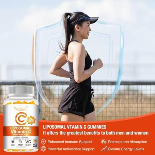 Vemluta Liposomal  2000mg Gummies Complex Rose Hips with D3 5000IU Elderberry Echinacea Iron and  Zinc for Adults Kids Immune Antioxidant and Collagen Support,Orange Flavor