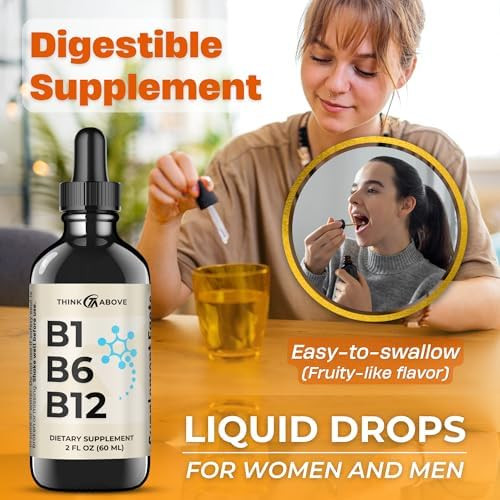 Think Above B1 B6 B12 Vitamin Liquid Drops Daily Wellness Support Supplement Fruity Like Flavor for Men and Women