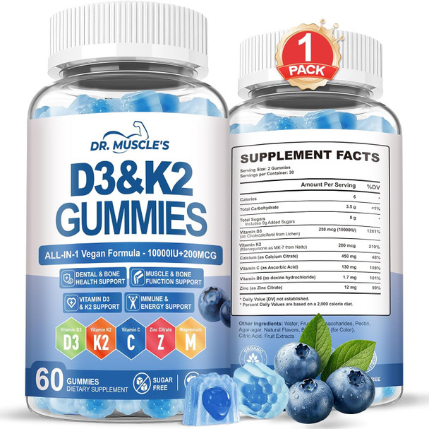 DR. MUSCLE'S Vitamin D3 K2 Gummies 10000IU with 200mcg MK-7 Calcium Citrate Zinc Vitamin C and B6 Sugar-Free Vegan D3 K2 Supplement High Absorption for Bone Immune and  Energy 60 Blueberry Gummies
