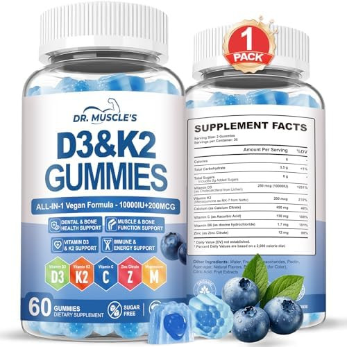 DR. MUSCLE'S Vitamin D3 K2 Gummies 10000IU with 200mcg MK-7 Calcium Citrate Zinc Vitamin C and B6 Sugar-Free Vegan D3 K2 Supplement High Absorption for Bone Immune and  Energy 60 Blueberry Gummies
