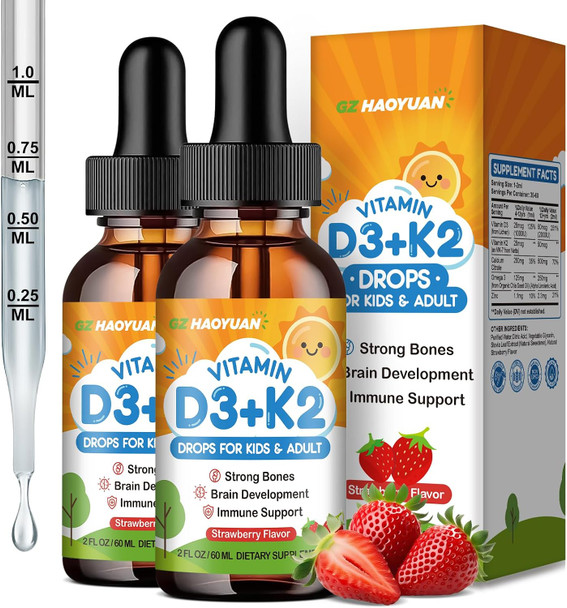 GZ HAOYUAN Vitamin D3 K2 Drops for Kids Liquid Vitamin D3 Supplement with Calcium Omega 3 Zinc for Calcium Absorption Healthy Bones Brain Development and Immune System Non-GMO Vegan Strawberry Flavor