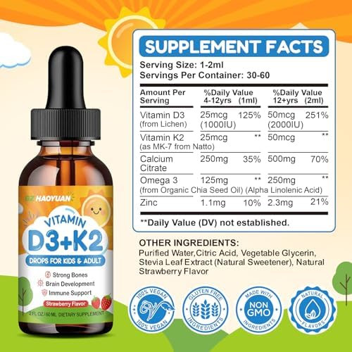 GZ HAOYUAN Vitamin D3 K2 Drops for Kids Liquid Vitamin D3 Supplement with Calcium Omega 3 Zinc for Calcium Absorption Healthy Bones Brain Development and Immune System Non-GMO Vegan Strawberry Flavor