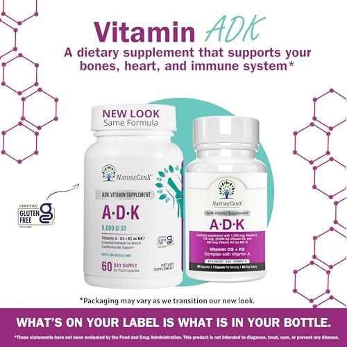 NatureGenX ADK Vitamin Supplement Vitamins A D3 & K2 MK 7 for Bone Health & Calcium Absorption