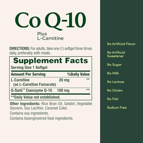 Nature's Bounty CoQ10, 100mg Plus L-Carnitine  60 Softgels