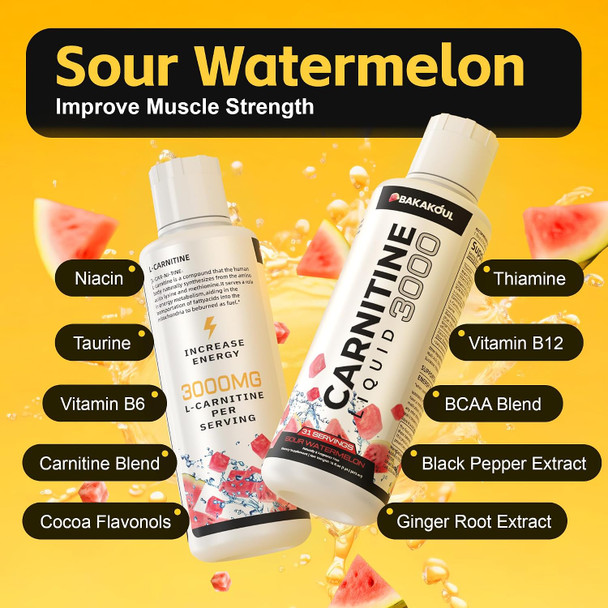 BAKAKOUL L Carnitine Supplement Liquid 3000 mg with BCAA Sports Supplements Help Support Energy Boosts Support Muscle Efficient Formula with Acetyl Rapid Absorption Sustained Energy, Watermelon Flavor