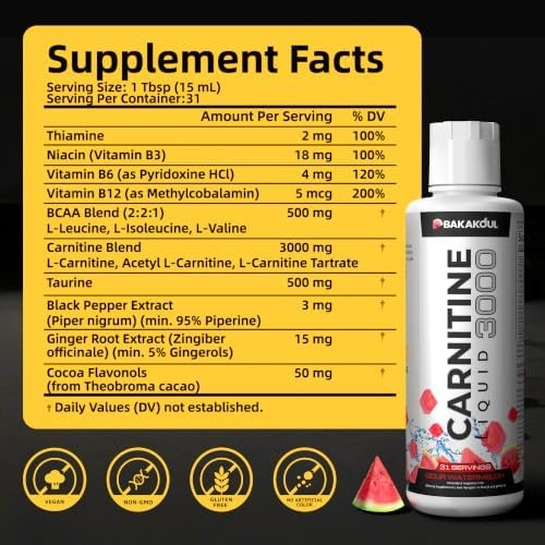 BAKAKOUL L Carnitine Supplement Liquid 3000 mg with BCAA Sports Supplements Help Support Energy Boosts Support Muscle Efficient Formula with Acetyl Rapid Absorption Sustained Energy, Watermelon Flavor