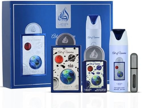 Lattafa Pride Art of Universe Citru Fruity Sweet Amber 3 Piece Gift Set for Unisex 3.4 oz Eau de Parfum Spray + 0.65 oz Eau de Parfum Spray + 6.67 oz Deodorant Spray