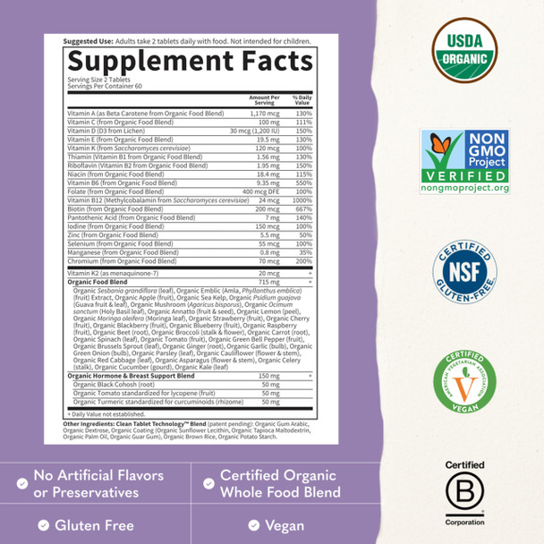Garden of Life Multivitamin for Women 40 Plus, Organics Womens Vitamins, Hormone & Breast Health Support Blend, Vegan, 120 Tablets