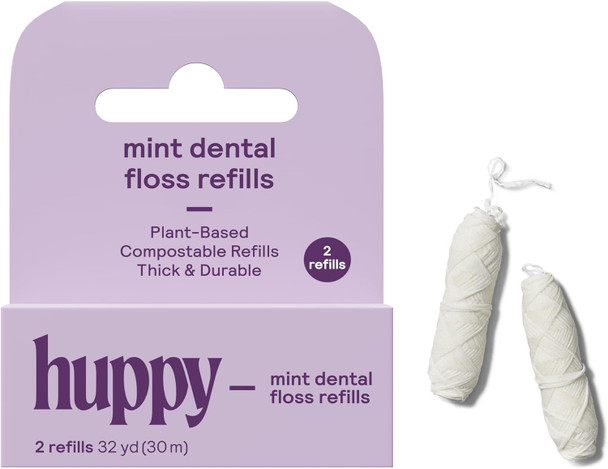 Huppy Vegan Dental Floss Refill 2 Pack Biodegradable Corn Starch Floss Natural Candelilla Wax Plastic Free Compostable Sensitive Gums Peppermint 32 Yards Each
