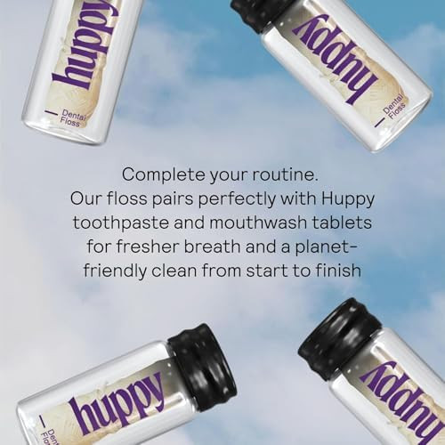 Huppy Vegan Dental Floss Refill 2 Pack Biodegradable Corn Starch Floss Natural Candelilla Wax Plastic Free Compostable Sensitive Gums Peppermint 32 Yards Each