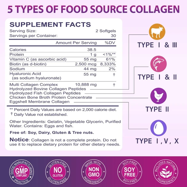 Nature's live Multi Collagen Peptides Softgel - Type I, II, III, V, X