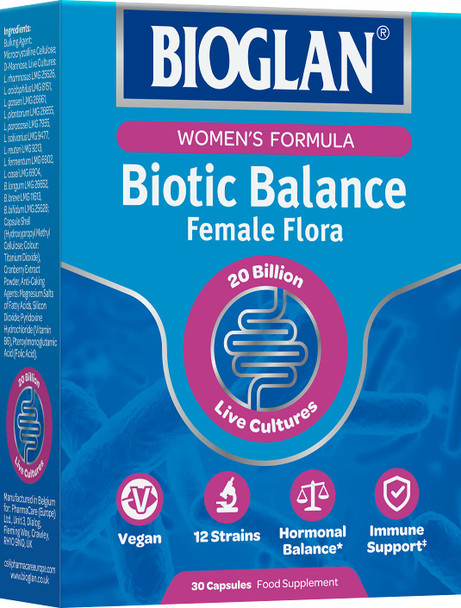Bioglan Biotic Balance Healthy Digestion for Women, Probiotic, contains 20 billion CFU live bacteria with Folic Acid, Vitamin B6, helps support healthy digestion, one month supply  30 capsules