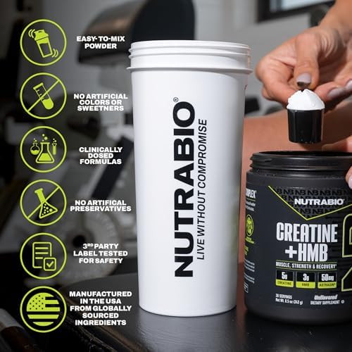 NutraBio Creatine + HMB- Creatine Monohydrate with HMB Powder for Muscle Growth, Increased Strength- 30 Servings