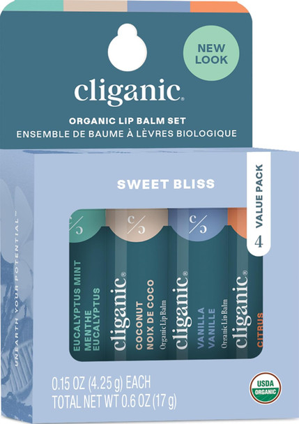 Cliganic Organic Lip Balm Set  4 Flavors  Natural Hydrating for Cracked & Dry Lips