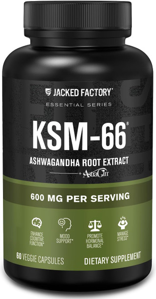 Jacked Factory Ashwagandha Root Extract KSM 66 Ashwagandha w/ 5% Withanolides Supplement for Natural Stress Relief Cognitive Function Veggie Capsules