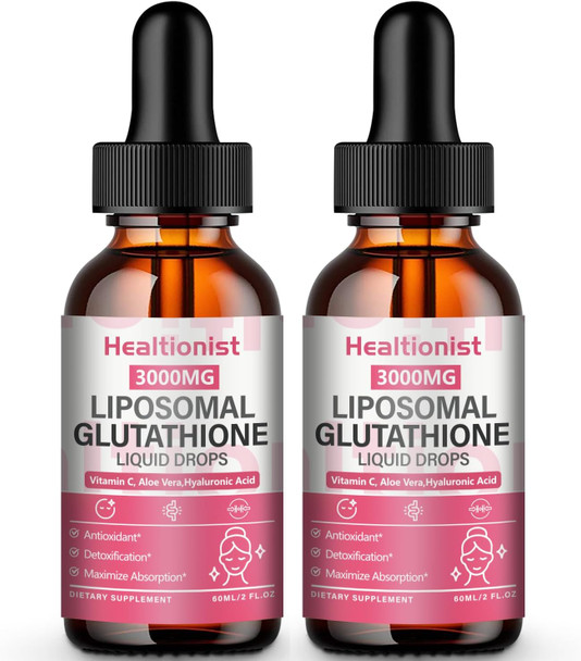 Healtionist 2 Pack 3000mg Liposomal Glutathione Liquid Drops with Vitamin C 98% Absorption Glutathione Liposomal Supplement Powerful Antioxidant Complex for Immune System Liver 4 Fl Oz per Bottle