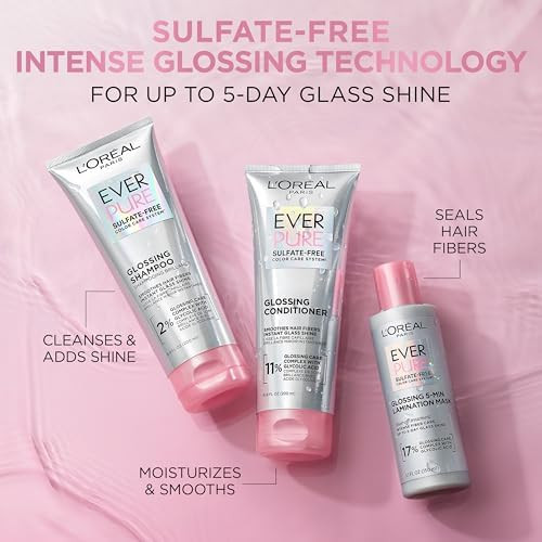 L’Oreal Paris Sulfate Free Glossing Shampoo with Glycolic Acid, Provides Intense Glass Hair Shine, Smoothness and  Soft Feel  Suitable for Dull  Dry  and Color-Treated Hair  EverPure