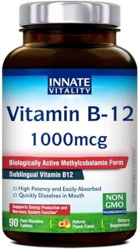 Innate Vitality Vitamin B12 1000mcg Sublingual B12 Methylcobalamin for Energy Metabolism Mental Clarity Nervous System Health Peach Flavor Zero Sugar 90 Fast Dissolve Tablets