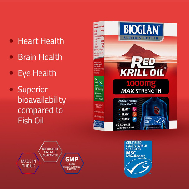 Bioglan Red Krill Oil Max Strength 1000 mg, high in Omega-3 Fish Oil, EPA & DHA help to support your Heart, Eye and Brain health, one month supply 30 capsules