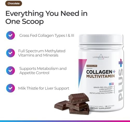 Livingood Daily Hydrolyzed Collagen Peptides Powder, Chocolate, 30 Servings