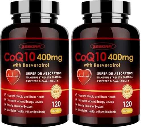 ZEBORA CoQ10-400mg with Trans-Resveratrol PQQ and  Vitamin E - High Absorption Coenzyme-Q10 with BioPerine - Powerful Antioxidant for Heart and Energy-Production 120 Veggie Capsules