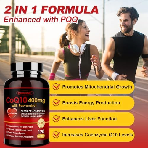 ZEBORA CoQ10-400mg with Trans-Resveratrol PQQ and  Vitamin E - High Absorption Coenzyme-Q10 with BioPerine - Powerful Antioxidant for Heart and Energy-Production 120 Veggie Capsules