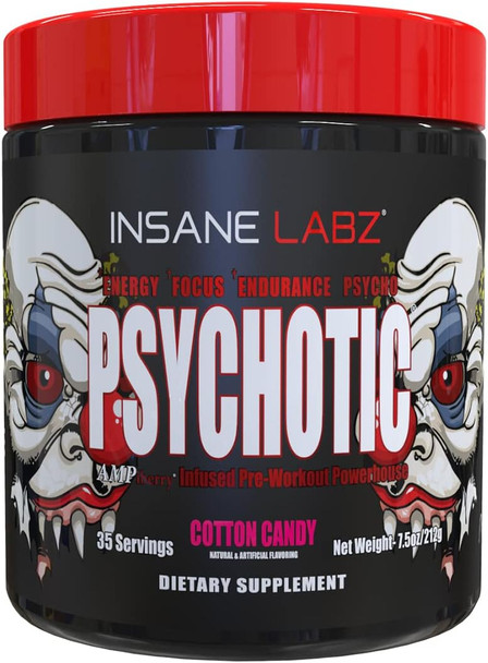 Insane Labz Psychotic, High Stimulant Pre Workout Powder, Extreme Lasting Energy, Focus and Endurance with Beta Alanine, Creatine Monohydrate DMAE, 35 Srvgs