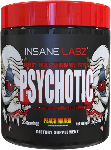 Insane Labz Psychotic, High Stimulant Pre Workout Powder, Extreme Lasting Energy, Focus and Endurance with Beta Alanine, Creatine Monohydrate DMAE, 35 Srvgs