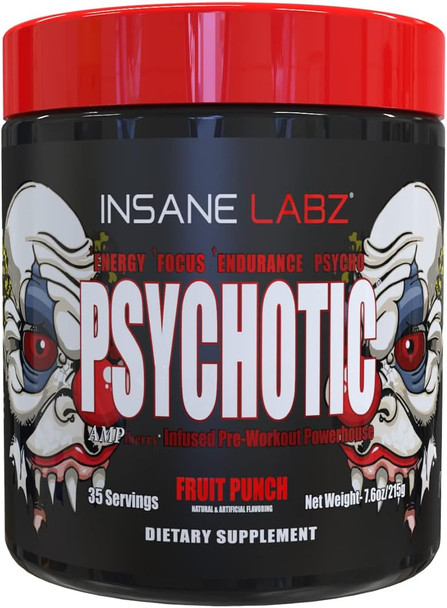 Insane Labz Psychotic, High Stimulant Pre Workout Powder, Extreme Lasting Energy, Focus and Endurance with Beta Alanine, Creatine Monohydrate DMAE, 35 Srvgs