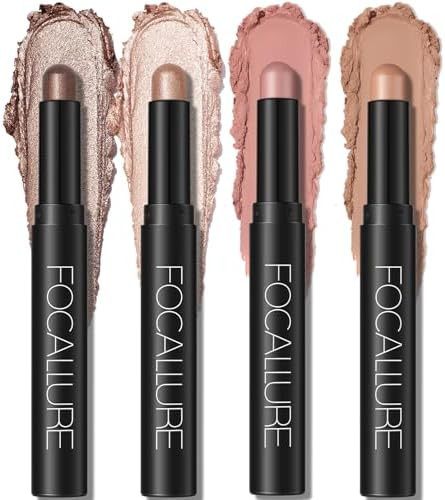 FOCALLURE 4PCS Cream Eyeshadow Stick Set Matte & Shimmer Eyeshadow Pencil, Waterproof Crease-proof Long Lasting Smudge-proof Eye Makeup Highlighter Crayon for Beginners Daily Makeup,Sunset Blush