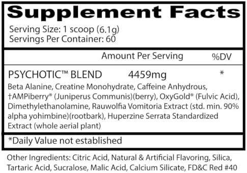 Insane Labz Psychotic, High Stimulant Pre Workout Powder, Extreme Lasting Energy, Focus and Endurance with Beta Alanine, Creatine Monohydrate, DMAE, 60 Srvgs