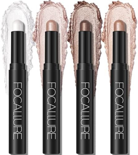 FOCALLURE 4PCS Cream Eyeshadow Stick Set Matte and Shimmer Eyeshadow Pencil, Waterproof Crease-proof Long Lasting Smudge-proof Eye Makeup Highlighter Crayon for Beginners Daily Makeup,Glacial Sparkle