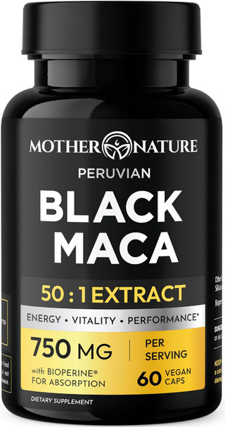 Mother Nature Organics Superfoods for Organic Living MNO Black Maca Root 50:1 750mg Organic Peruvian Maca  Vegan Capsules