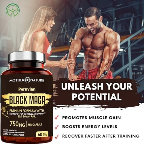 Mother Nature Organics Superfoods for Organic Living MNO Black Maca Root 50:1 750mg Organic Peruvian Maca  Vegan Capsules