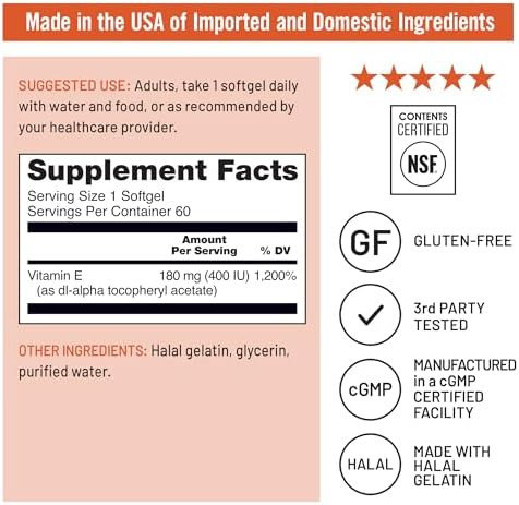 NatureWise Vitamin E 400 IU Softgels  Dairy, Gluten, and Soy Free, Non-GMO Antioxidant Dietary Supplement for Skin, Heart, Eye, and Immune Health Support