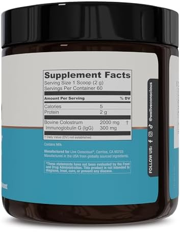 Live Conscious Colostrum Powder Grass Fed Colostrum Supplement with Lactoferrin for Iron Absorption
