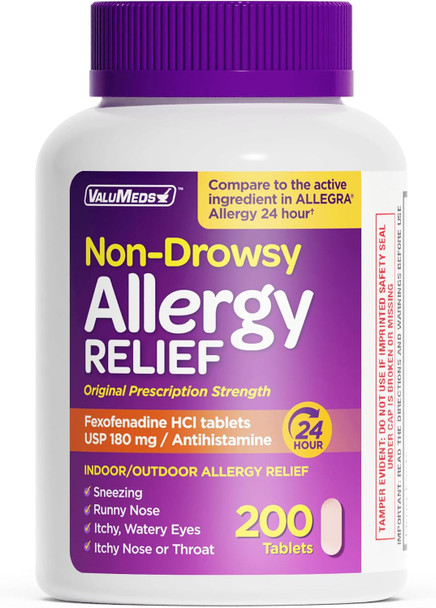 ValuMeds  Allergy Relief Fexofenadine Hydrochloride  Non-Drowsy Antihistamine Generic Medicine for Allergies Hay Fever Itchy Eyes for Kids Adults  Compare to Allegra
