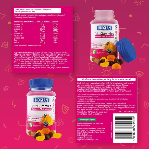 Bioglan Vitagummies | Women'S Multivitamin | Vegetarian Friendly | 3 Delicious Flavours | 60 Chewy Gummies