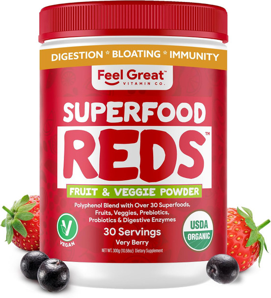 The Feel Great Vitamin Company ​Feel Great Organic Superfood Reds Powder Packed with Beet Root Powder  Digestive Support Including Bloating Relief Fruit and Veggie Polyphenols Supplement.