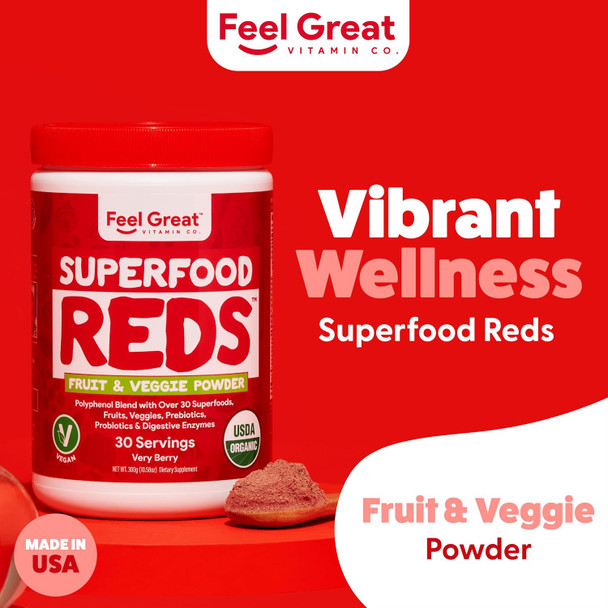 The Feel Great Vitamin Company ​Feel Great Organic Superfood Reds Powder Packed with Beet Root Powder  Digestive Support Including Bloating Relief Fruit and Veggie Polyphenols Supplement.