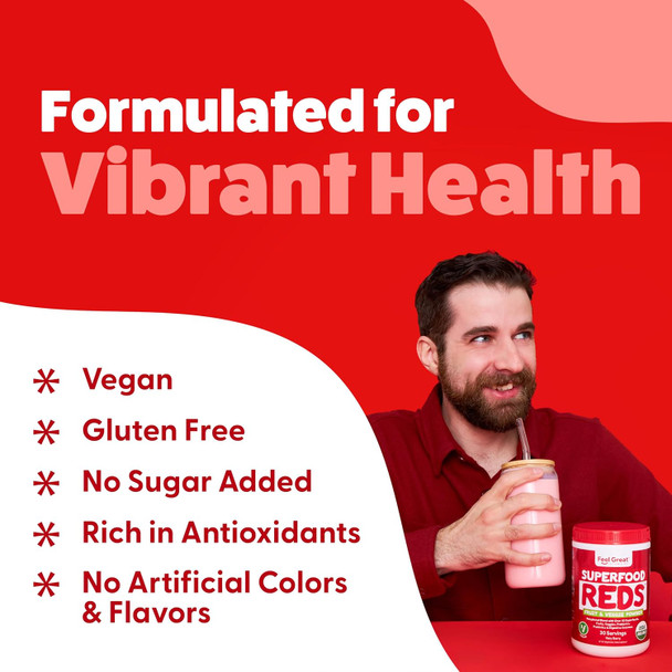The Feel Great Vitamin Company ​Feel Great Organic Superfood Reds Powder Packed with Beet Root Powder  Digestive Support Including Bloating Relief Fruit and Veggie Polyphenols Supplement.